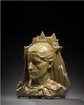 A bronze bust of a woman with a crown on her head.