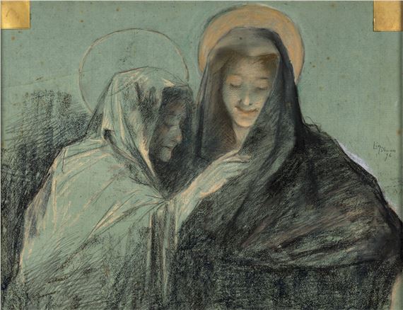A drawing of two women wrapped in a blanket.