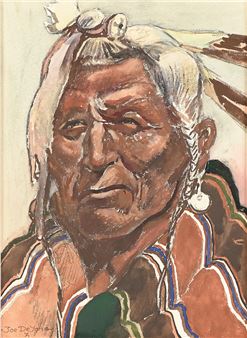 A painting of an old man with a headdress on his head.