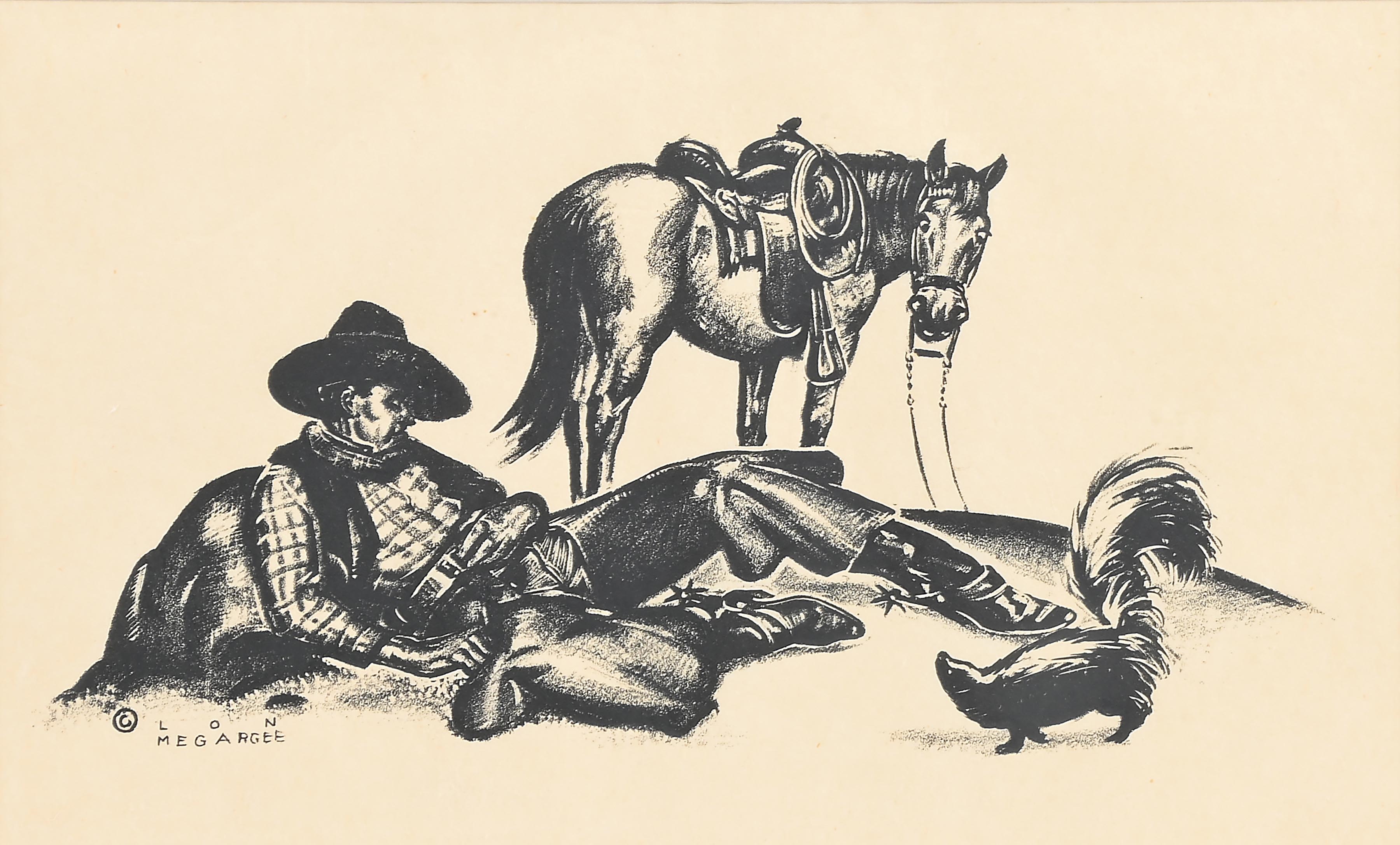 A humorous ink illustration of a cowboy resting on the ground with his horse and a chicken nearby.