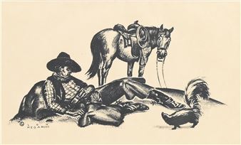 A humorous ink illustration of a cowboy resting on the ground with his horse and a chicken nearby.