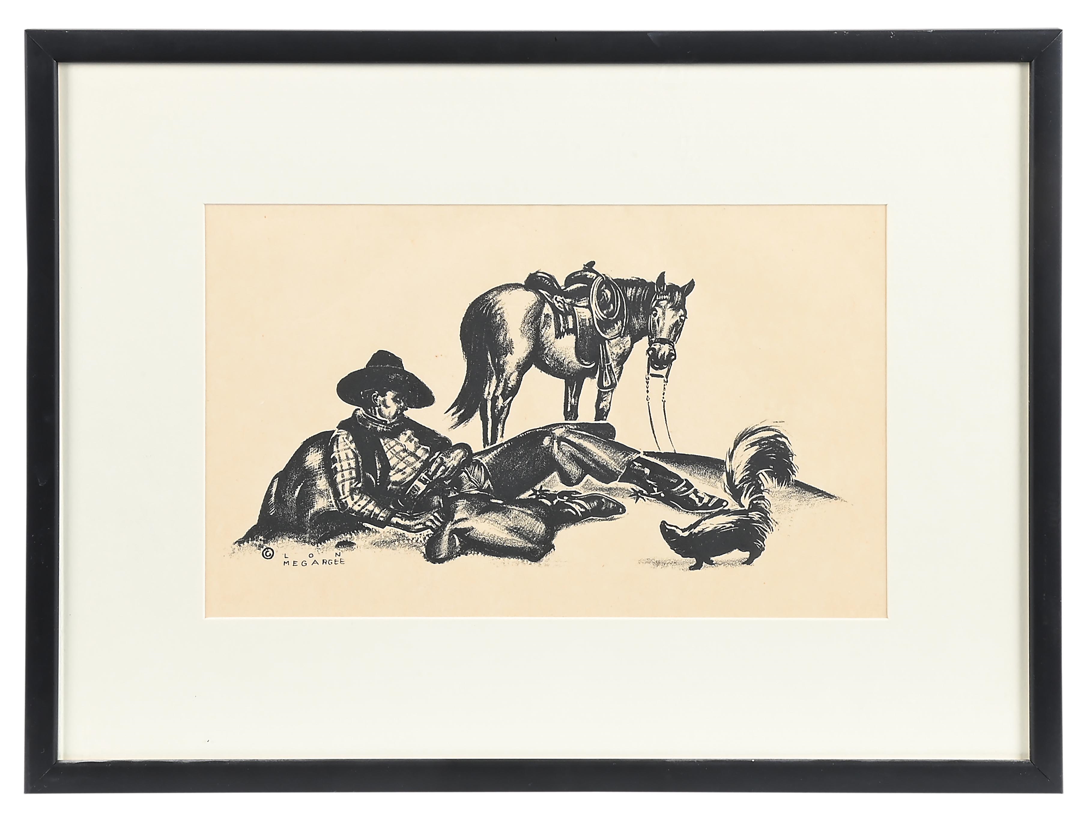 A humorous ink illustration of a cowboy resting on the ground with his horse and a chicken nearby.