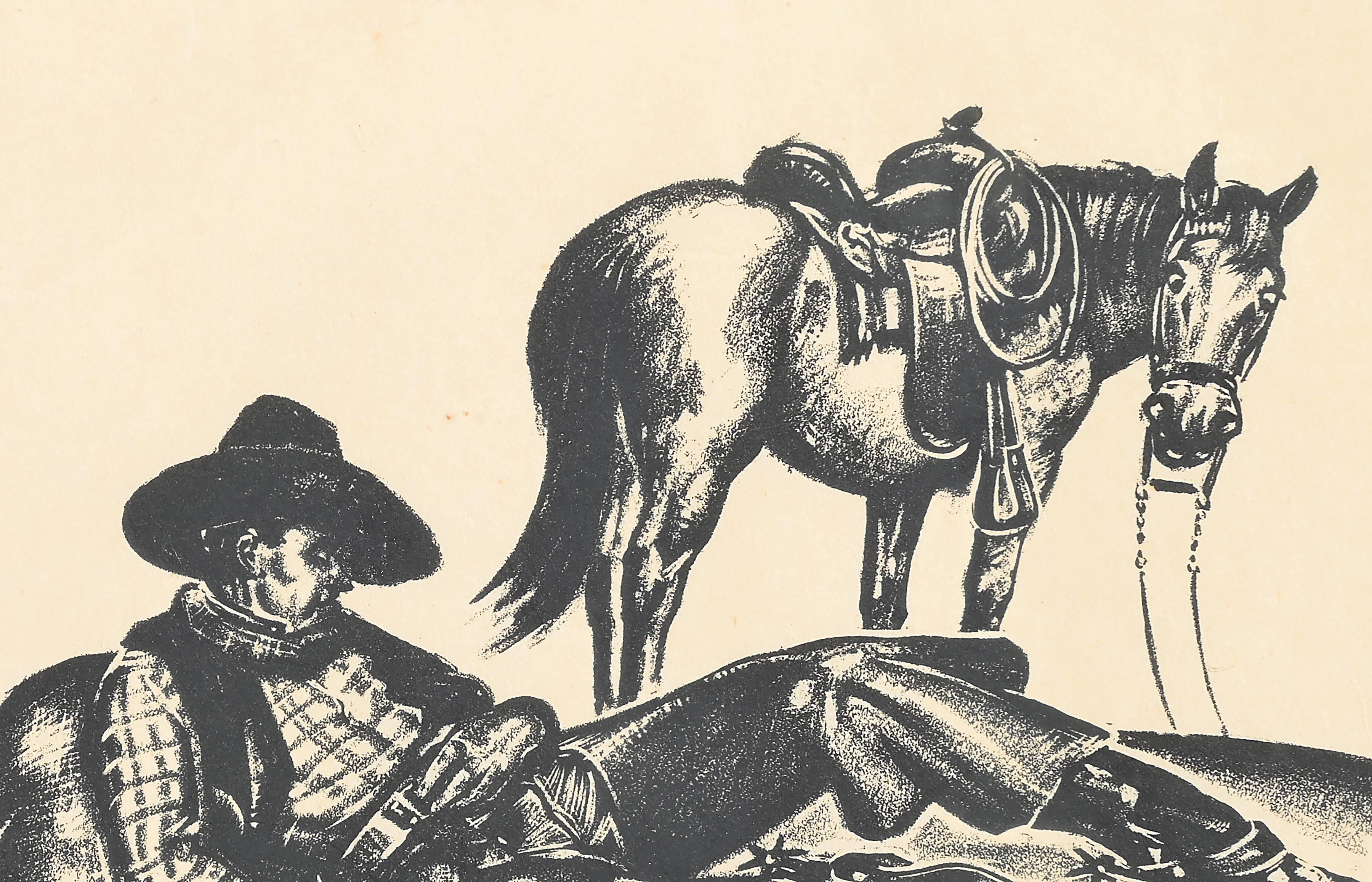 A humorous ink illustration of a cowboy resting on the ground with his horse and a chicken nearby.