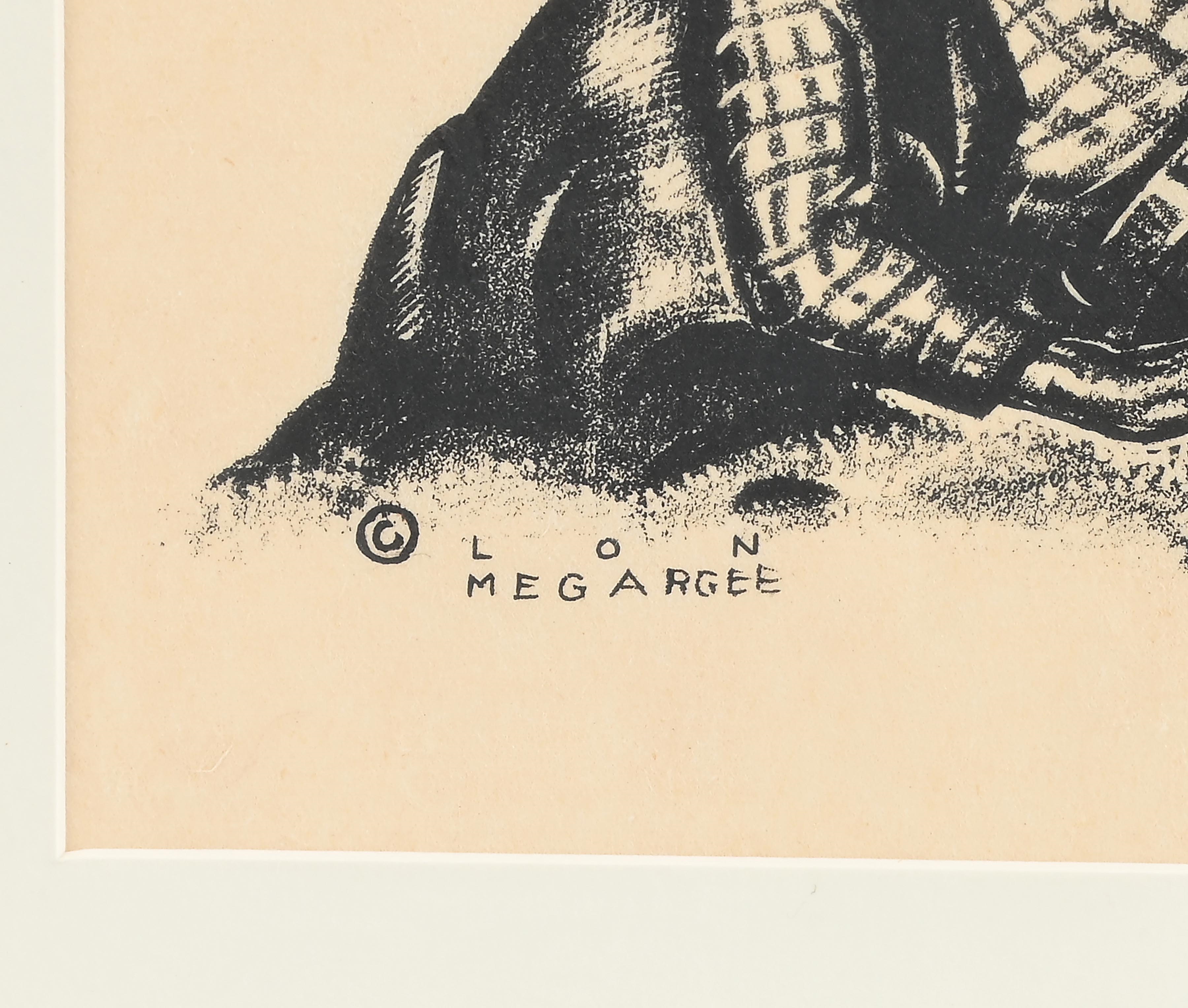 A humorous ink illustration of a cowboy resting on the ground with his horse and a chicken nearby.