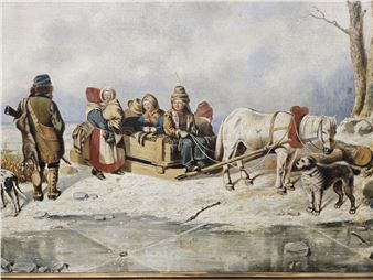 A large rural Quebec winter scene with a large family preparing the horse drawn cart for a jourey