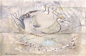 A textured abstract painting of a bird on water with a stone-lined shore.