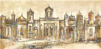 A watercolor architectural sketch of a grand, multi-domed building with arched windows and ornate towers.