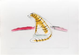 A minimalist watercolor illustration of a striped cat sitting on a block.