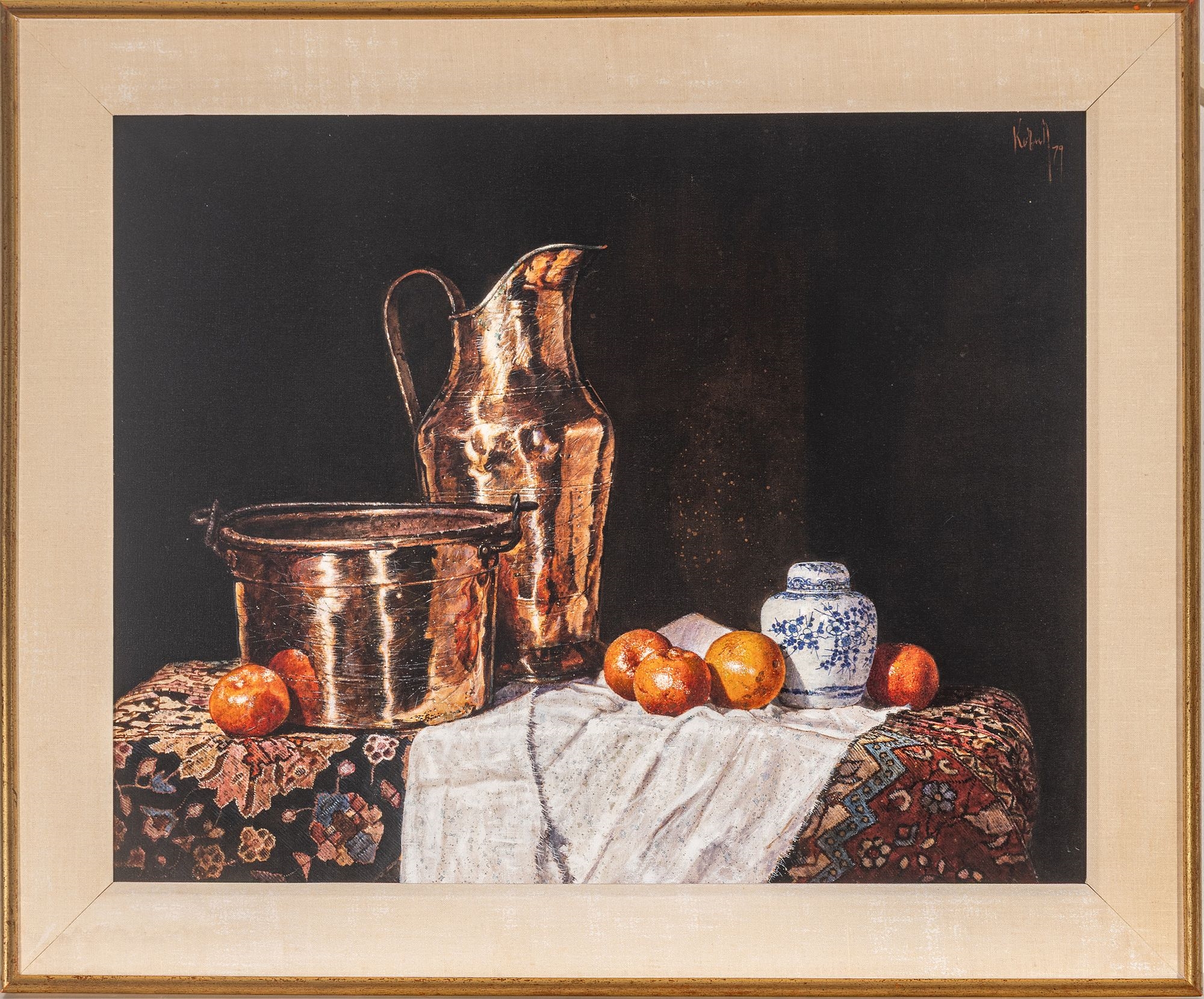 A classical still life featuring polished copper vessels and ceramic jars arranged on patterned textiles.