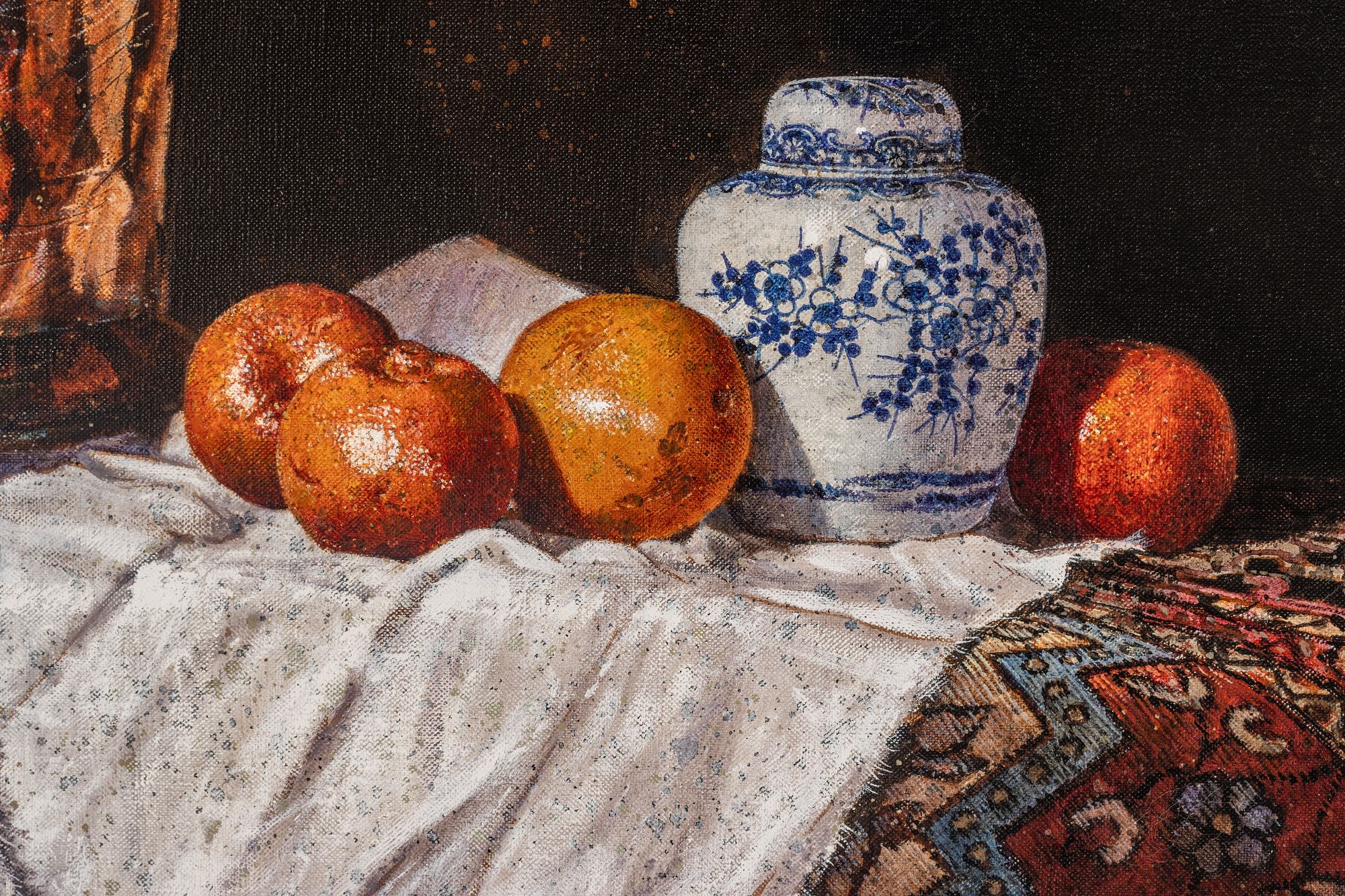 A classical still life featuring polished copper vessels and ceramic jars arranged on patterned textiles.