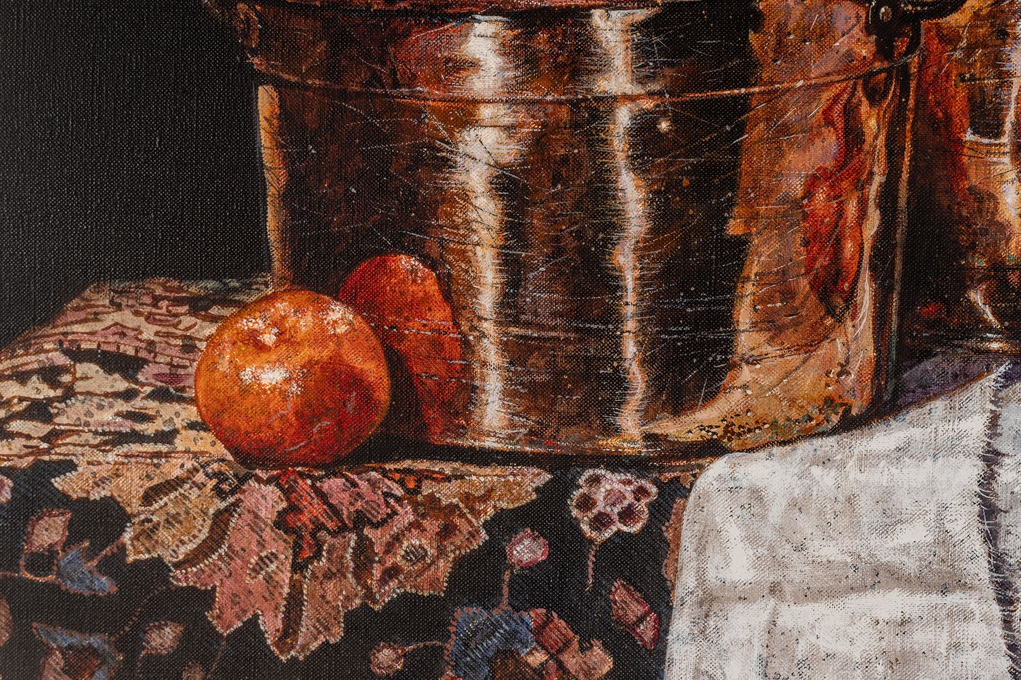 A classical still life featuring polished copper vessels and ceramic jars arranged on patterned textiles.