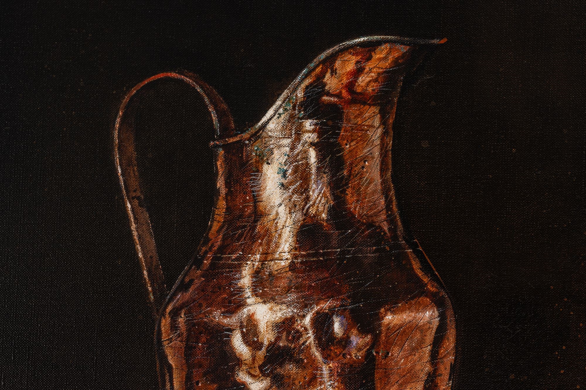 A classical still life featuring polished copper vessels and ceramic jars arranged on patterned textiles.