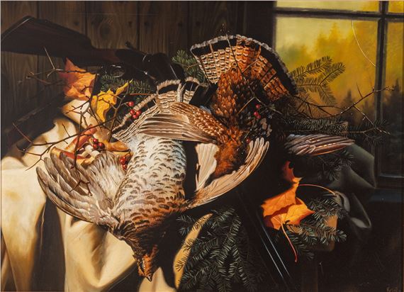 A still life composition featuring a taxidermied bird with spread wings, surrounded by autumn leaves and pine branches.