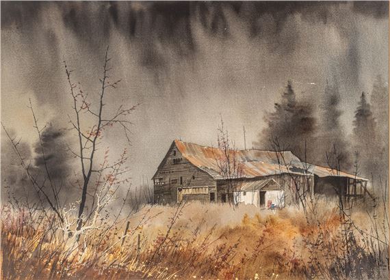 A melancholic watercolor landscape of a weathered barn under a brooding sky.