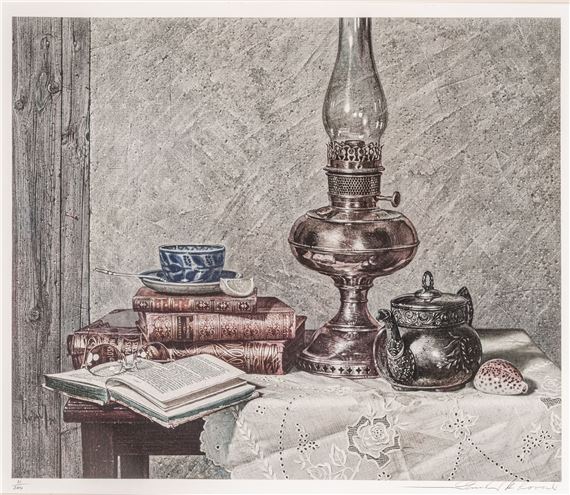 A monochromatic still life of a vintage oil lamp, books, and a teacup rendered in detailed etching.