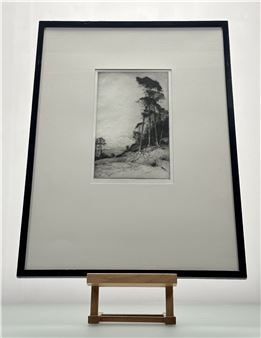 A black and white drawing of a landscape with trees in the background.