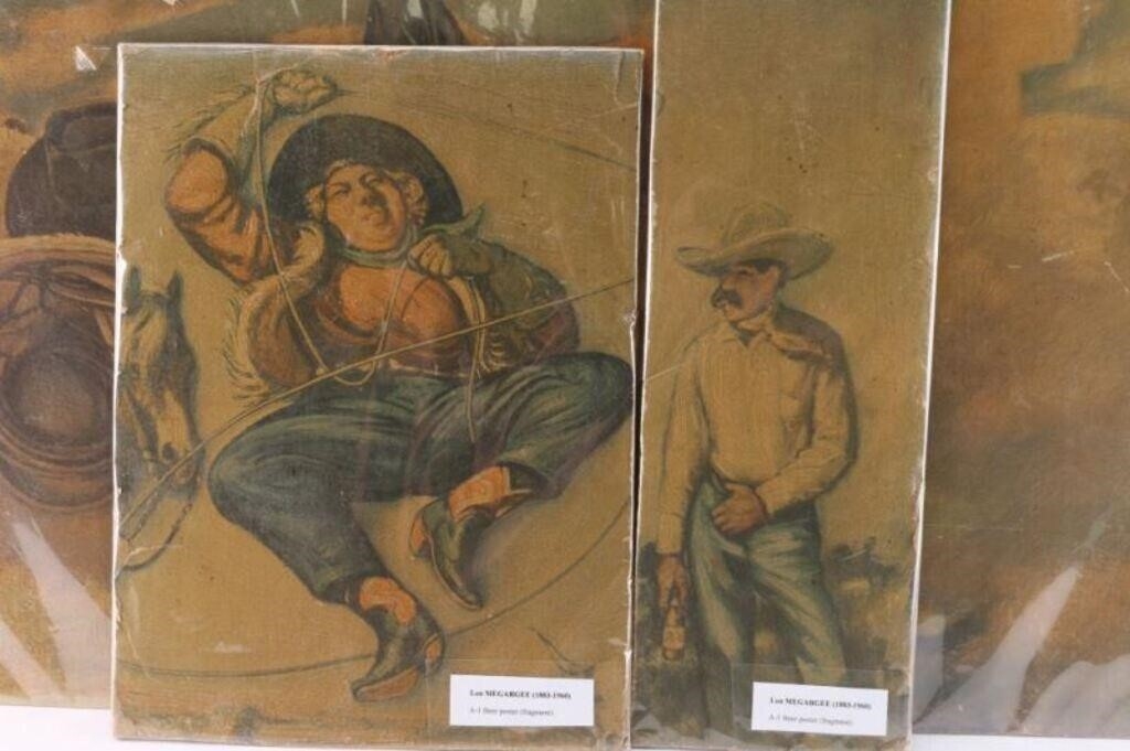 A vintage-style print collection featuring three illustrated figures in a Western theme.