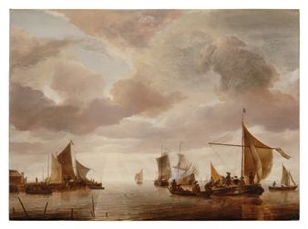 Shipping Scene on a Calm Sea with a Jetty at Left