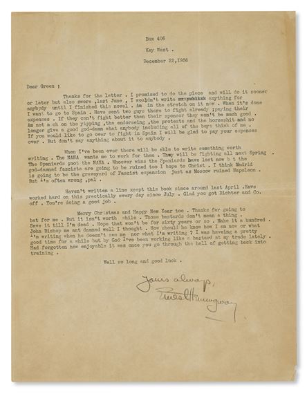Ernest Hemingway | Typed letter signed (22) | MutualArt