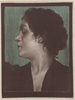 A black and white drawing of a woman's face.