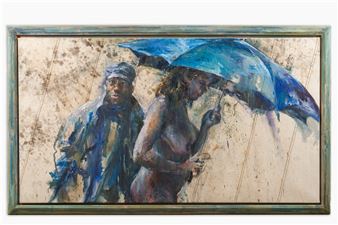 A moody painting of two figures sharing a blue umbrella in the rain.