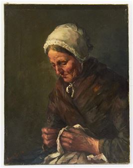 A painting of an old woman knitting a piece of cloth.