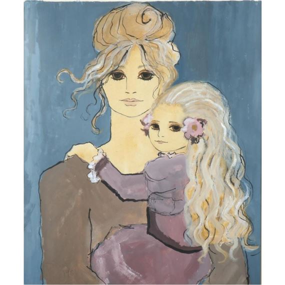 A stylized portrait of a mother and child with large eyes and floral hair accessories against a blue background.