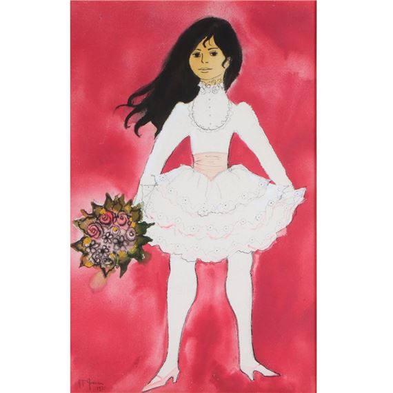 A stylized figure in a white dress holding a bouquet against a bold red background.