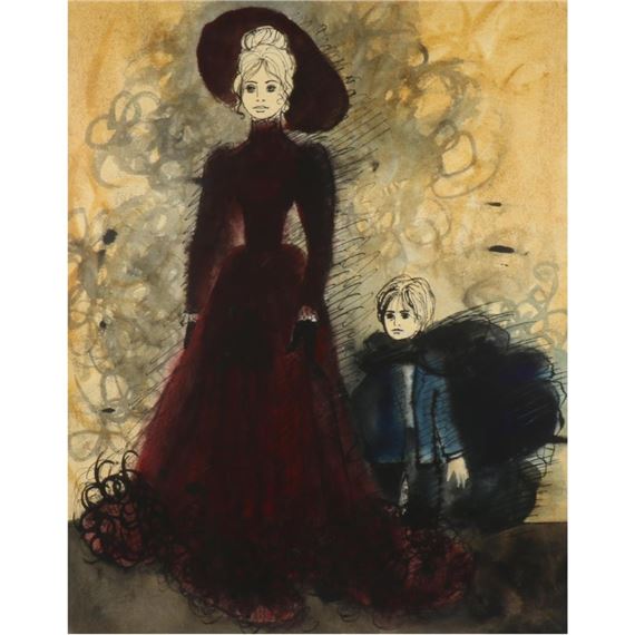 A dramatic fashion illustration featuring a tall figure in a dark red gown and a smaller child beside her.