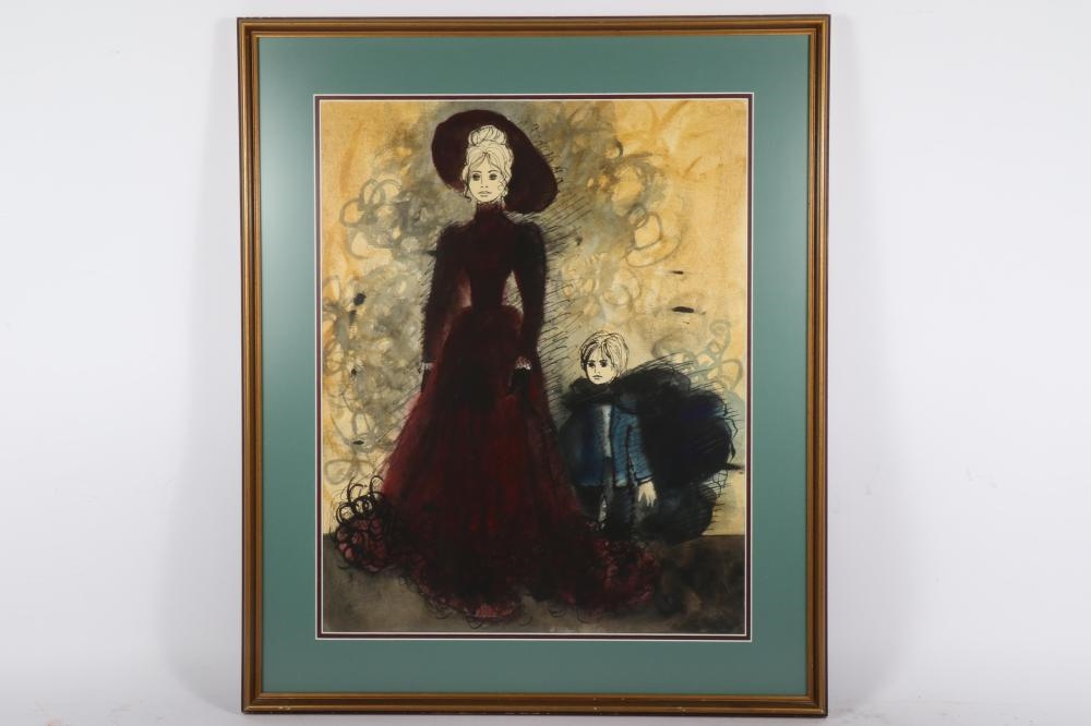 A dramatic fashion illustration featuring a tall figure in a dark red gown and a smaller child beside her.