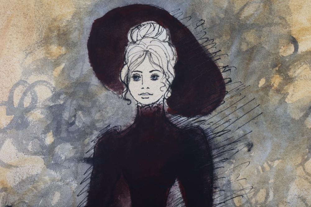 A dramatic fashion illustration featuring a tall figure in a dark red gown and a smaller child beside her.