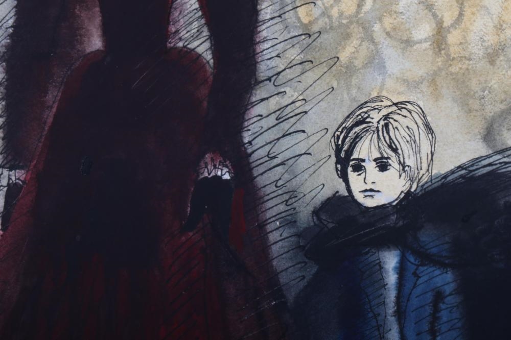 A dramatic fashion illustration featuring a tall figure in a dark red gown and a smaller child beside her.