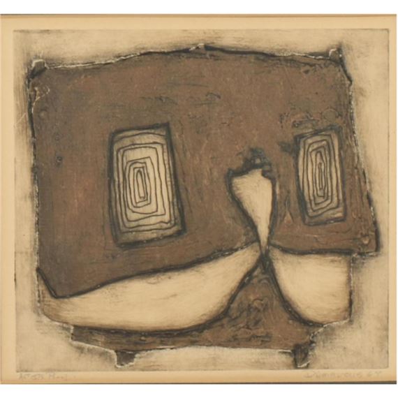A monochromatic abstract composition featuring a central figure with two rectangular eyes and a rounded body.