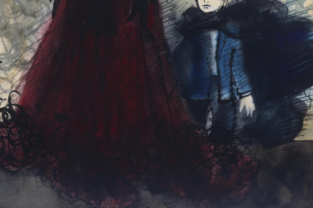 A dramatic fashion illustration featuring a tall figure in a dark red gown and a smaller child beside her.