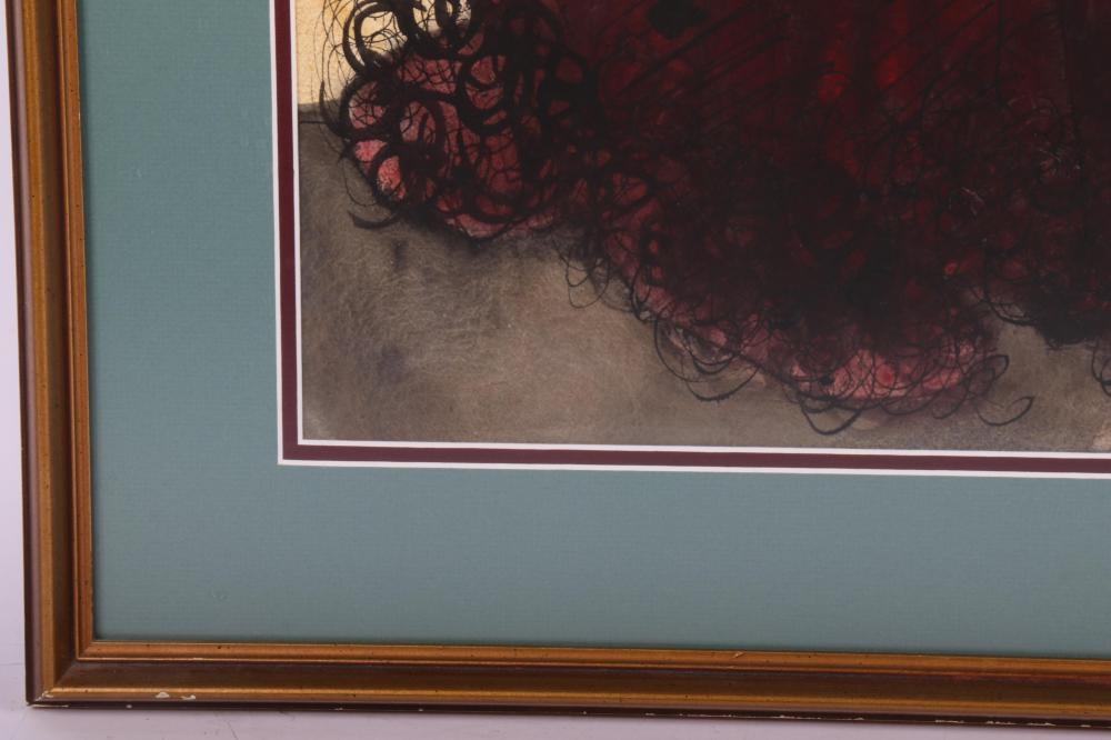 A dramatic fashion illustration featuring a tall figure in a dark red gown and a smaller child beside her.