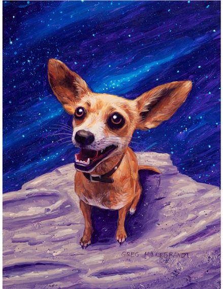 A painting of a chihuahua sitting on top of a rock.