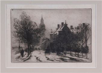 A monochromatic etching of a snowy urban street scene with bare trees and distant church spire.