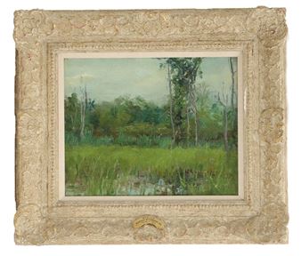 A landscape painting of a marshy field framed by an ornate, textured border.