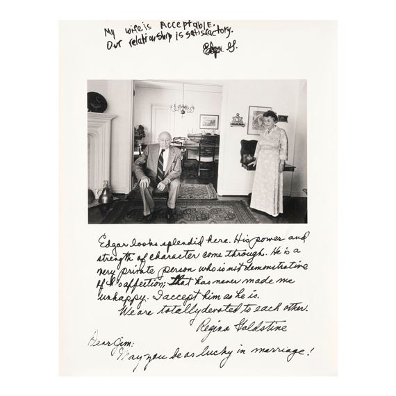 A black-and-white photograph of a couple in a living room, accompanied by handwritten notes.