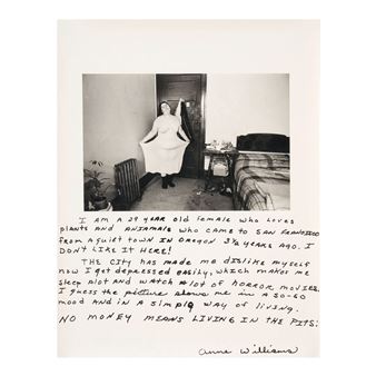 A black-and-white Polaroid-style photograph of a person in a white dress standing in a bedroom, accompanied by handwritten text.