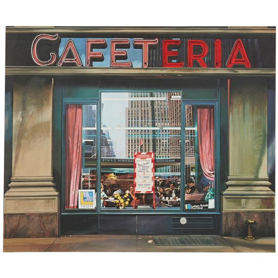 A realistic painting of a storefront window with people dining inside.