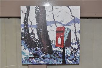 A painting of a red post box in the snow.