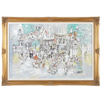 A painting of a painting of people in a city square.