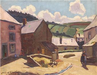 A painting of a street scene with a man walking down the street.