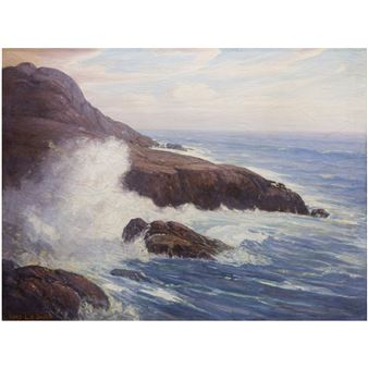 A seascape painting of a rocky coastline with crashing waves and a dramatic sky.