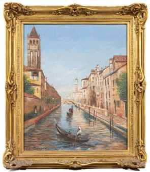 A serene waterway scene featuring a gondola, historic buildings, and a tall tower under a blue sky.
