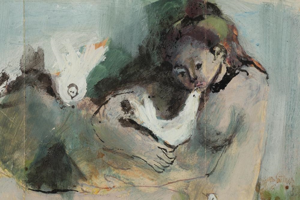 Omar Pico | Abstract Figural Nude with Dove Painting | MutualArt