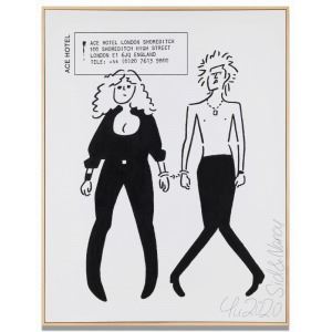 A black and white drawing of a man and a woman holding hands.