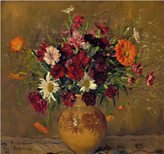A vibrant floral arrangement in a patterned vase against a textured background.