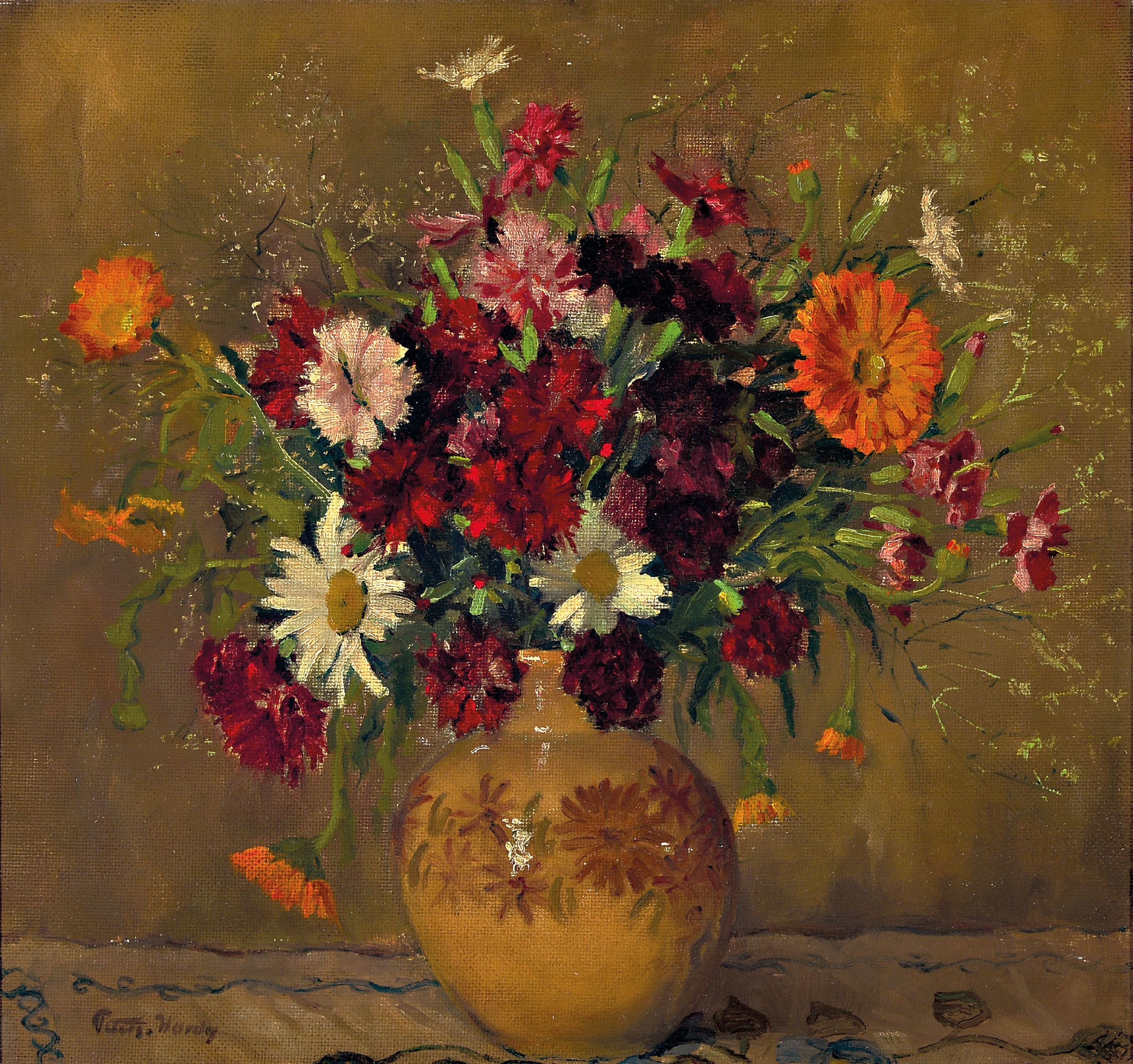 A vibrant floral arrangement in a patterned vase against a textured background.